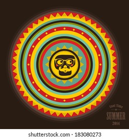 Abstract round label with sun and skull. Vector illustration.