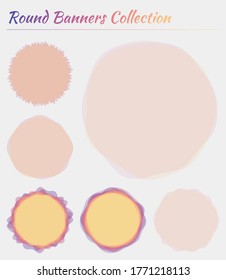 Abstrakte runde Etiketten. Kreise Hintergründe in Sonnenuntergangsfarben. Attraktive Vektorgrafik.