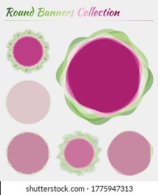 Abstract round labels. Circular backgrounds in purple, yellow, green colors. Attractive vector illustration.