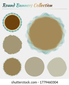 Abstract round labels. Circular backgrounds in brown, blue, and green colors. Modern vector illustration.