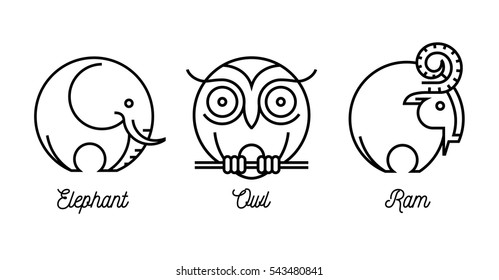 Abstract round line drawing of wild animal icons set with an elephant, ram and owl. Vector illustration.