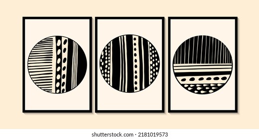 Abstract round line pattern. Minimalist wall art in siyah, bej colors. Simple line style. Black geometric shapes, circles, Modern creative pattern.