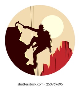 Abstract round logo of alpinists (climbers) with ice ax.