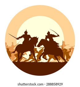 Abstract round logo of illustration fight between two warriors on background of battle at sunset.