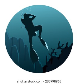 Abstract round logo of illustration of scuba divers under water in dark blue tone.
