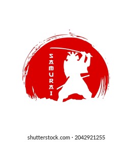 Abstract round logo with japanese samurai silhouette and writing inside