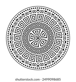 Abstract round mandala design, tribal circular geometric ornament, emblem against a white background.