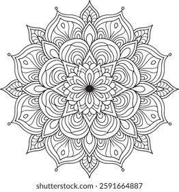 abstract round mandala Flower-shaped   black and white pattern Arabic, Pakistan, Moroccan, Turkish, Indian, Spain motifs