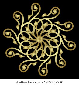 Abstract round mandala with medieval floral motifs. Isolated vector illustration. Golden silhouette on black background.