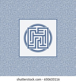 Abstract round maze element. Labyrinth. Blue maze emblem. 