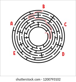 Abstract round maze. Game for kids. Children's puzzle. Five entrances, one exit. Labyrinth conundrum. Simple flat vector illustration isolated on white background. With the answer.