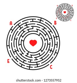 Abstract round maze. Game for kids. Puzzle for children. Find the right path. Labyrinth conundrum. Flat vector illustration isolated on white background. With answer. With place for your image.