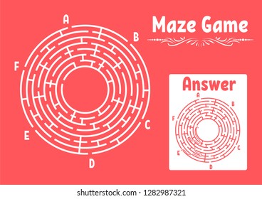 Abstract round maze. Game for kids. Puzzle for children. Labyrinth conundrum. Flat vector illustration isolated on color background. With answer. Vintage style