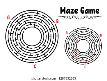 Abstract round maze. Game for kids. Puzzle for children. Labyrinth conundrum. Flat vector illustration isolated on white background. With answer. Vintage style