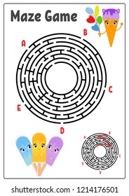 Abstract round maze. Kids worksheets. Game puzzle for children. Funny ice cream on a white background. One entrances, one exit. Labyrinth conundrum. Vector illustration. With the answer.