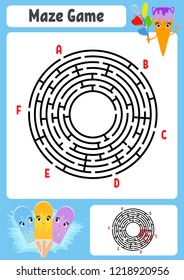 Abstract round maze. Kids worksheets. Game puzzle for children. Cute cartoon ice cream. One entrances, one exit. Labyrinth conundrum. Vector illustration. With answer.