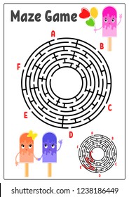 Abstract round maze. Kids worksheets. Activity page. Game puzzle for children. Cute cartoon ice cream. Labyrinth conundrum. Vector illustration. With answer. With space for your image