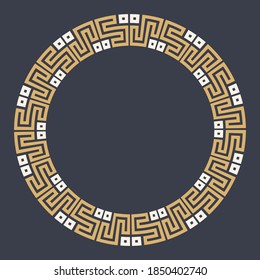 Abstract round meander, circular geometric ornament, stylish frame. Decorative pattern isolated on dark background. Place for text. Vector color illustration for invitations, greeting cards.