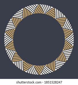 Abstract round meander, circular geometric ornament, striped frame. Decorative pattern isolated on dark background. Place for text. Vector color illustration for invitations, greeting cards.