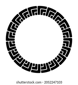 Abstract round meander, circular geometric ornament with blocks, angles, frame. Decorative pattern isolated on white background. Place for text. Vector monochrome illustration.
