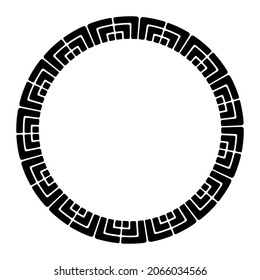 Abstract round meander, circular geometric ornament with blocks. Decorative frame, isolated on white background. Place for text. Vector monochrome illustration for invitations, greeting cards.