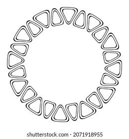 Recorte redondeado, ornamento geométrico circular, marco. Patrón étnico decorativo de triángulos, aislados en el fondo blanco. Colocar el texto. Ilustración monocroma vectorial.
