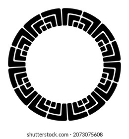 Abstract round meander, circular geometric ornament with blocks. Decorative frame, isolated on white background. Place for text. Vector monochrome illustration for invitations, greeting cards.
