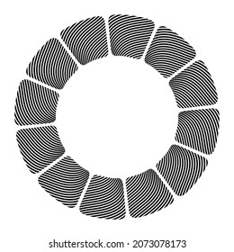 Recorte redondeado, ornamento geométrico circular, marco rayado a partir de elementos geométricos. Decoración aislada en el fondo blanco. Colocar el texto. Ilustración monocroma vectorial para invitati