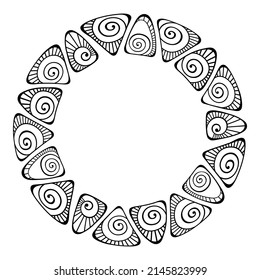 Abstract round meander, circular geometric triangles ornament, frame. Decorative ethnic pattern of ornamental triangles, isolated on white background. Place for text. Vector monochrome illustration.