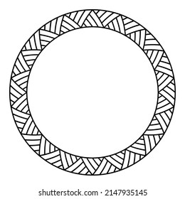 Abstract round meander, circular geometric ornament, striped frame from triangles. Stencil. Isolated on white background. Place for text. Vector monochrome template for invitations, greeting cards.