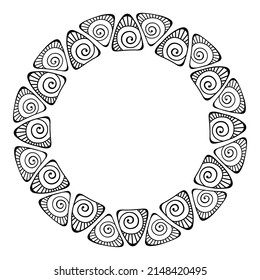 Abstract round meander, circular geometric triangles ornament, frame. Decorative ethnic pattern of ornamental triangles, isolated on white background. Place for text. Vector monochrome illustration.