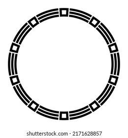 Abstract round meander, circular geometric ornament, frame made of geometric shapes, stripes. Ethnic pattern isolated on white background. Place for text. Vector monochrome illustration.