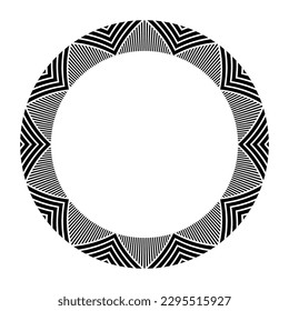 Abstract round meander, circular geometric ornament, striped frame from striped triangles. Stencil. Isolated on white background. Vector monochrome template for invitations, greeting cards.
