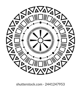 Abstract round meander, circular geometric ornament, stylish emblem. Geometric shapes. Decorative pattern isolated on white background. Vector monochrome illustration.