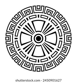 Abstract round meander, circular geometric ornament, stylish emblem. Decorative pattern isolated on white background. Vector monochrome illustration for invitations, greeting cards.