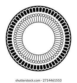 Abstractas meandro redondo, adorno geométrico circular, marco hecho de Formas geométricas. Símbolo redondo simétrico. Patrón aislado sobre fondo blanco. Ilustración monocromática de Vector.