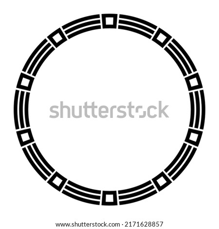 Abstract round meander, circular geometric ornament, frame made of geometric shapes, stripes. Ethnic pattern isolated on white background. Place for text. Vector monochrome illustration.
