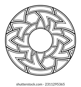Ornamento redondeado abstracto, símbolo, formas geométricas circulares. Patrón simétrico decorativo aislado sobre fondo blanco. Ilustración monocroma vectorial para invitaciones, tarjetas de felicitación.