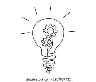 Abstract round metal gears wheels with light bulb as line drawing on white background. Concept of teamwork