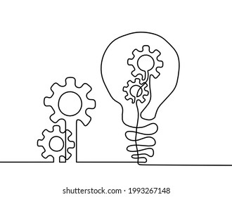 Abstract round metal gears wheels with light bulb as line drawing on white background. Concept of teamwork