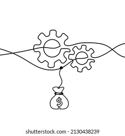 Resumen de ruedas de engranajes de metal redondo con el dólar como dibujo de línea sobre fondo blanco. Vector