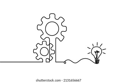 Abstract round metal gears wheels with light bulb as line drawing on white background. Vector