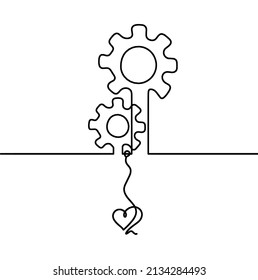 Abstract round metal gears wheels with heart as line drawing on white background. Vector