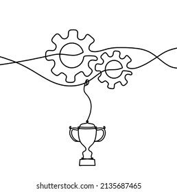 Abstrakte, runde Zahnräder aus Metall mit Trophäe als Linienzeichnung auf weißem Hintergrund. Vektorgrafik