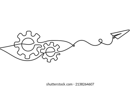Abstract round metal gears wheels with paper plane as line drawing on white background. Vector