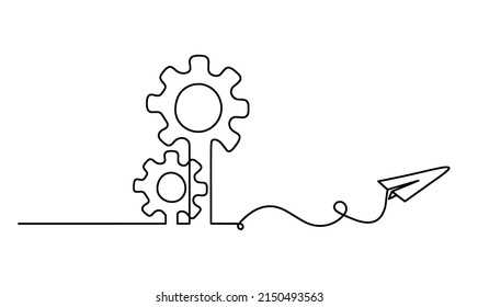 Abstract round metal gears wheels with paper plane as line drawing on white background. Vector