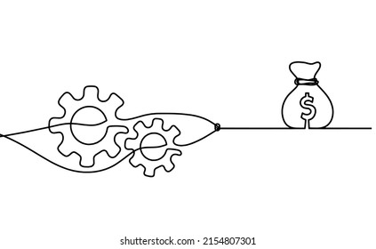 Abstract round metal gears wheels with dollar as line drawing on white background. Vector