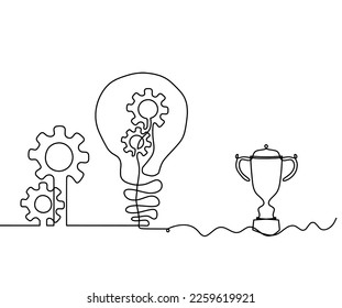 Abstract round metal gears wheels with light bulb and  trophy as line drawing on white background. Concept of teamwork. Vector