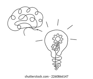 Abstract round metal gears wheels with light bulb and brain as line drawing on white background. Concept of teamwork. Vector