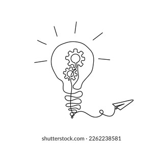 Abstract round metal gears wheels with light bulb and paper plane as line drawing on white background. Concept of teamwork. Vector